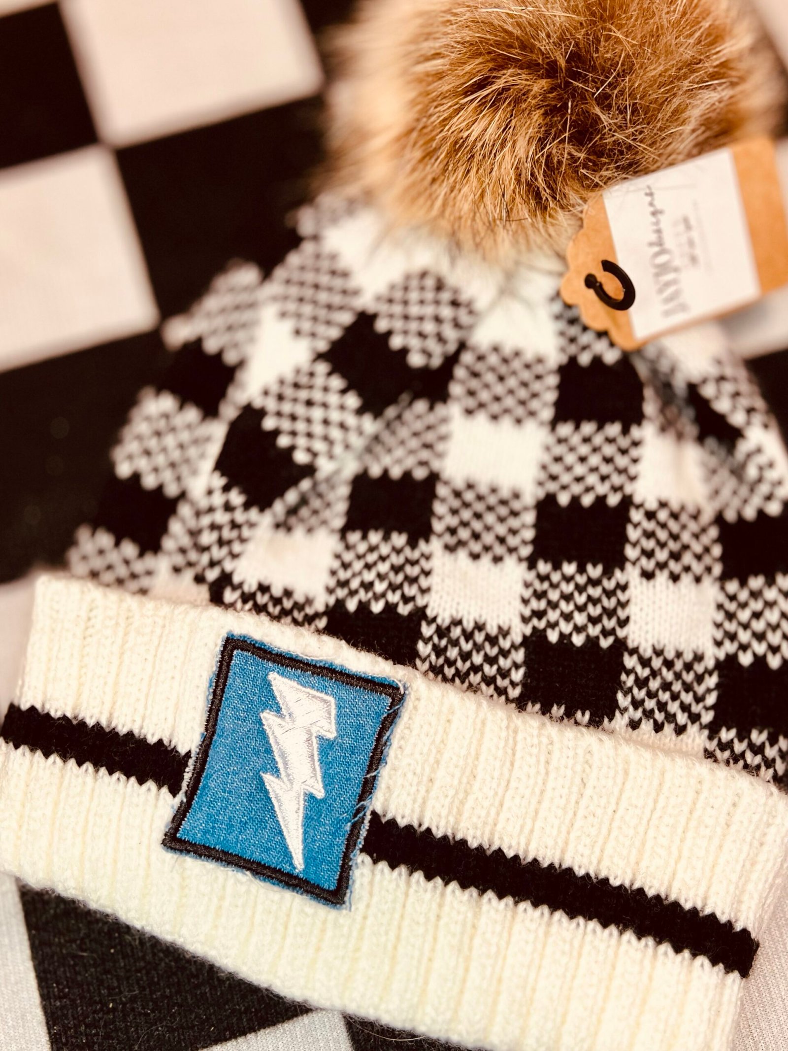 pom pom plaid beanie pom pom plaid beanie